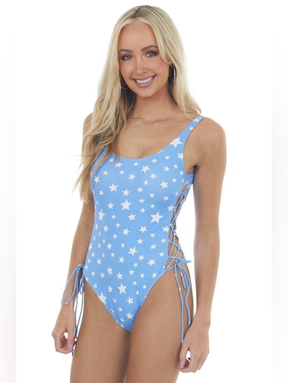 Blue Star-Print One-Piece Swimsuit with Side Lace-Up